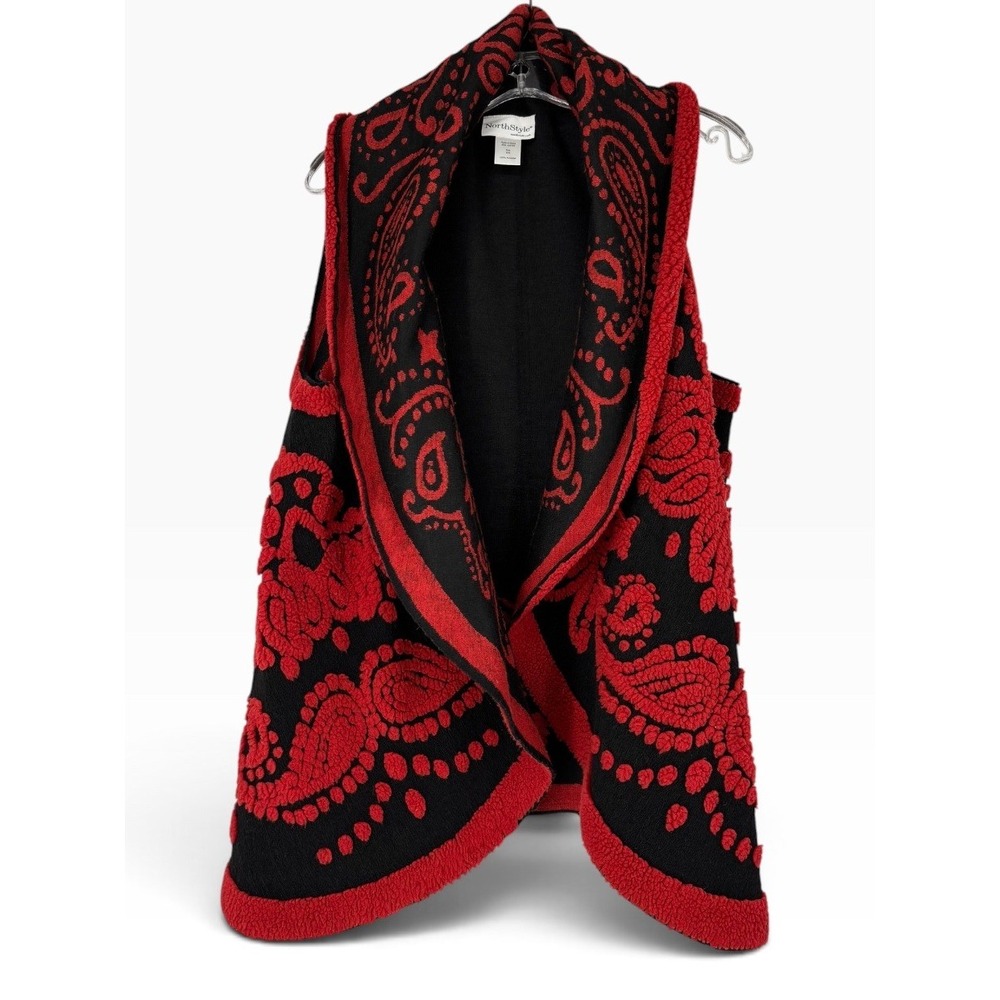 NorthStyle Paisley Vest Womens O/S Red Black Excellent Open Front Draped Sherpa